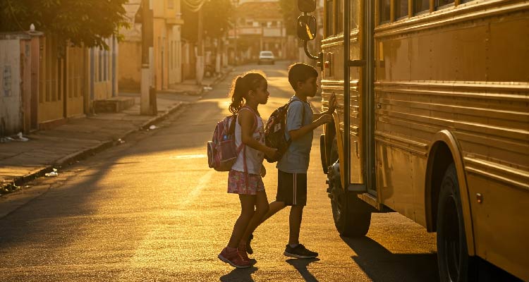 Fotografia de crianças subindo no ônibus com mochilas nas costas