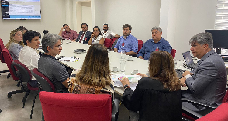 Fotografia de participantes da reunião sentados em volta da mesa