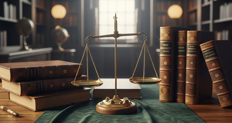 Imagem gerada por IA de mesa com livros e balança da justiça