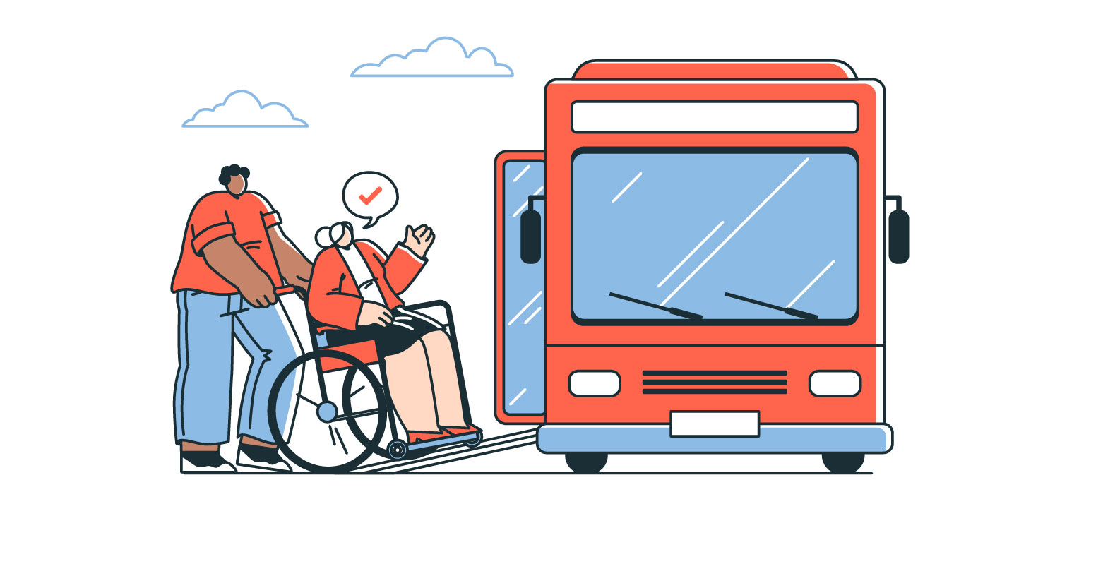 Ilustração de pessoa cadeirante sendo embarcada em ônibus