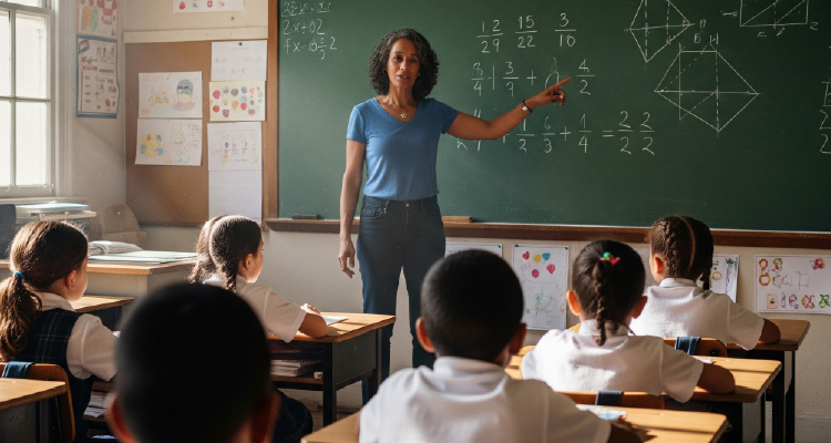 Imagem criada por IA de professora dando aula para estudantes em sala