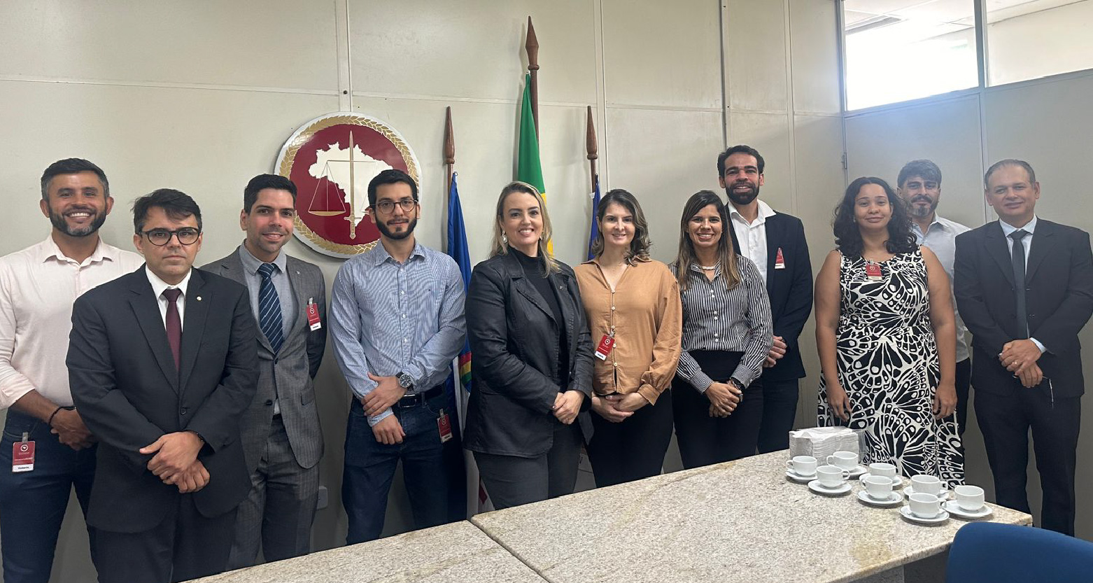 Fotografia dos participantes da reunião em pé, lado a lado, posando para a câmera