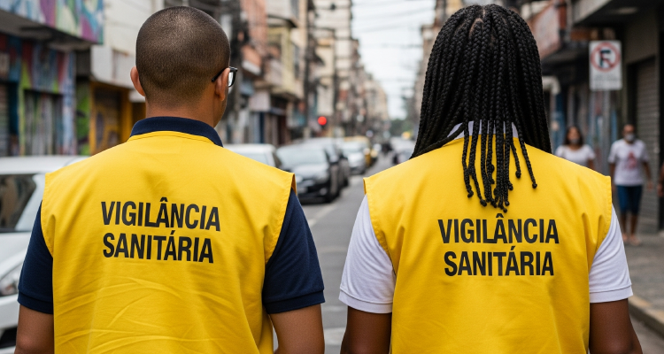Fotografia gerada por IA com agentes usando coletes da Vigilância Sanitária