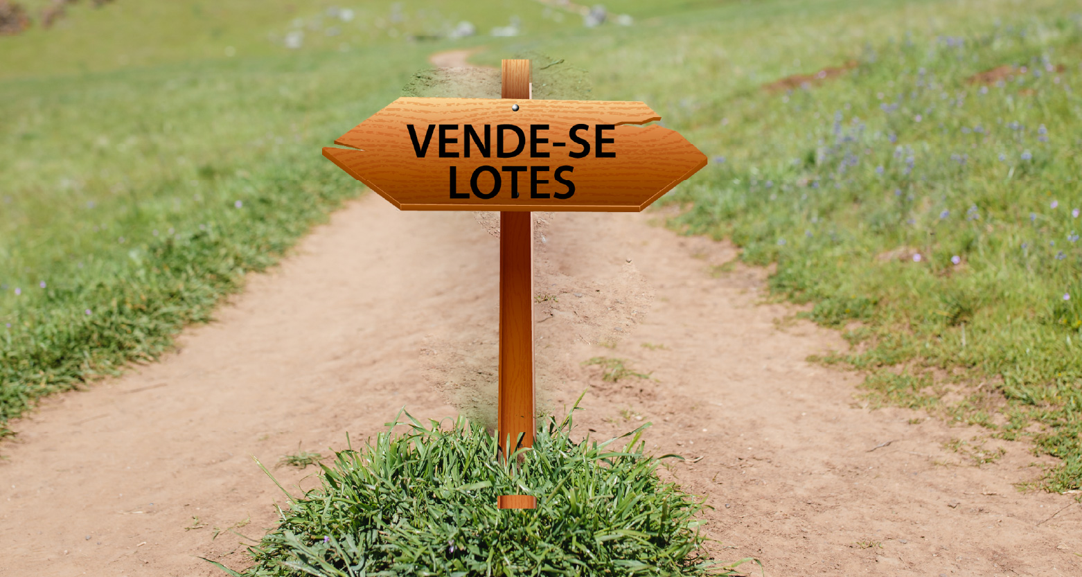 Ilustração de placa fixada em estrada com os dizeres Vende-se lotes